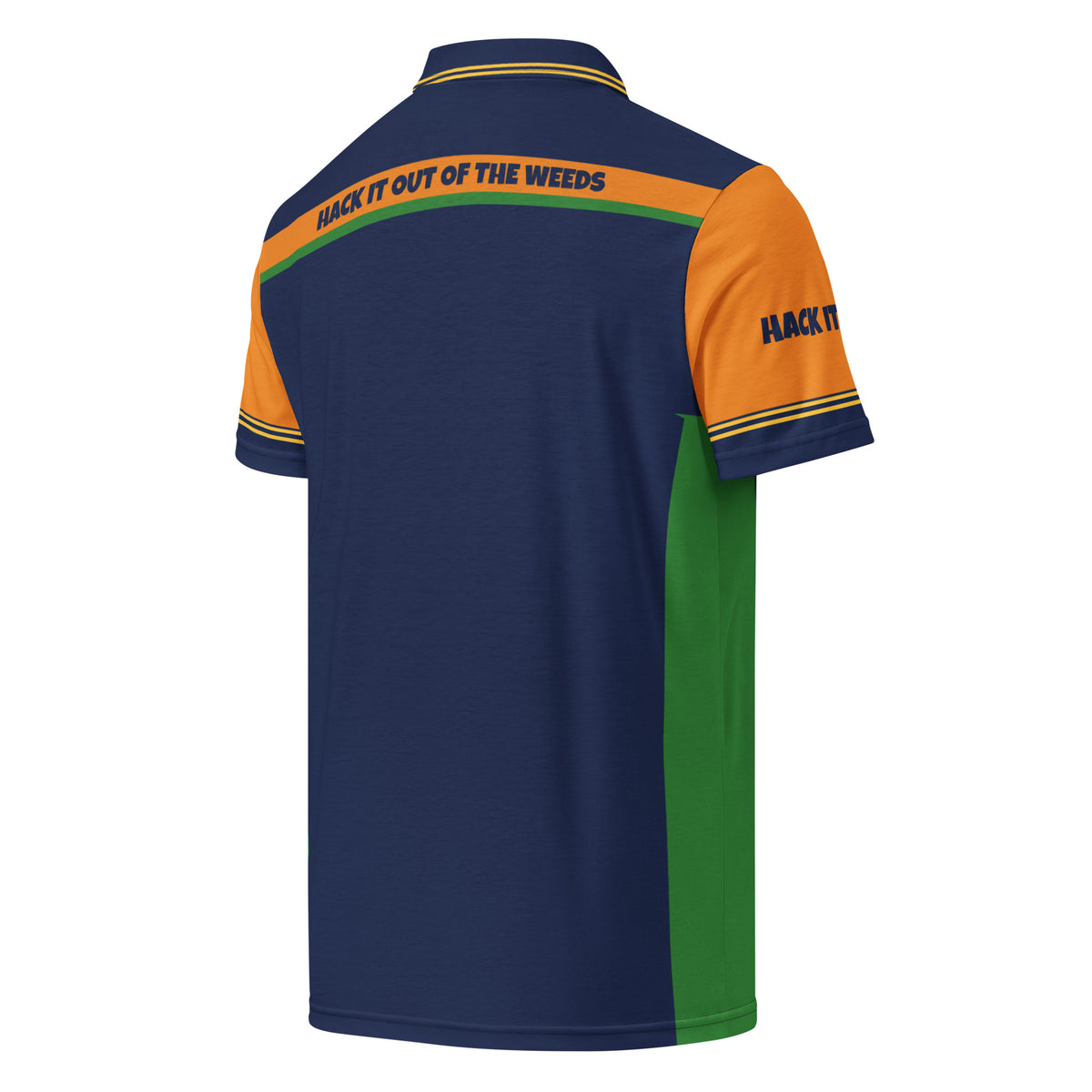 Clubhouse Color-Block Polo, navy, orange and green golf polo with Hack it out of the weeds across the back shoulders, back view