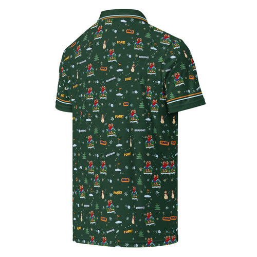 Snowed In Hack Pack Polo, pine green winter golf polo with Herman and snowmen pattern, back view