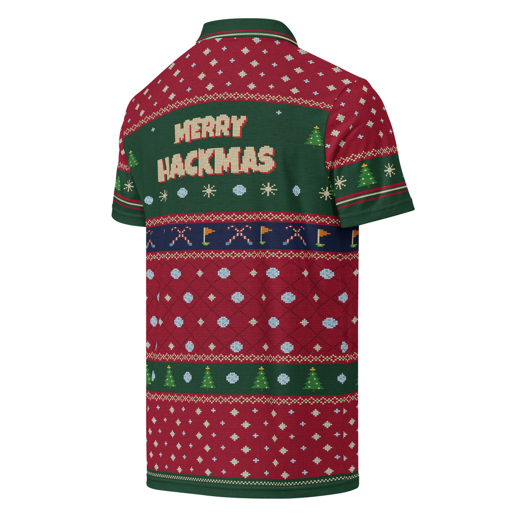 Merry Hackmas Ugly Sweater Polo, red Fair Isle print golf polo with MERRY HACKMAS across the back, back view