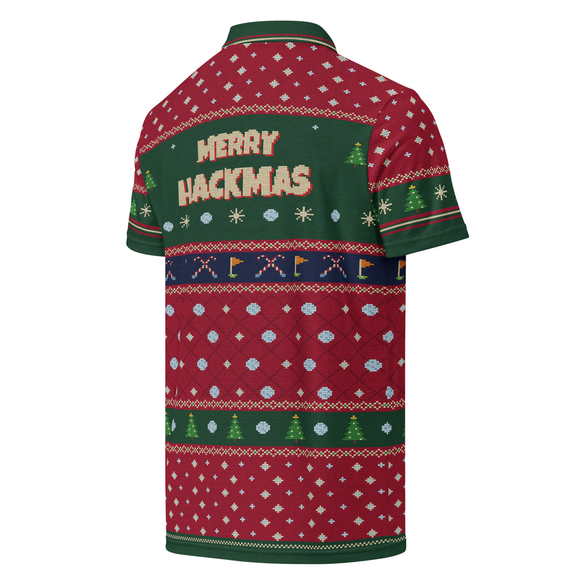 Merry Hackmas Ugly Sweater Polo, red Fair Isle print golf polo with MERRY HACKMAS across the back, back view