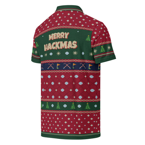 Merry Hackmas Ugly Sweater Polo, red Fair Isle print golf polo with MERRY HACKMAS across the back, back view