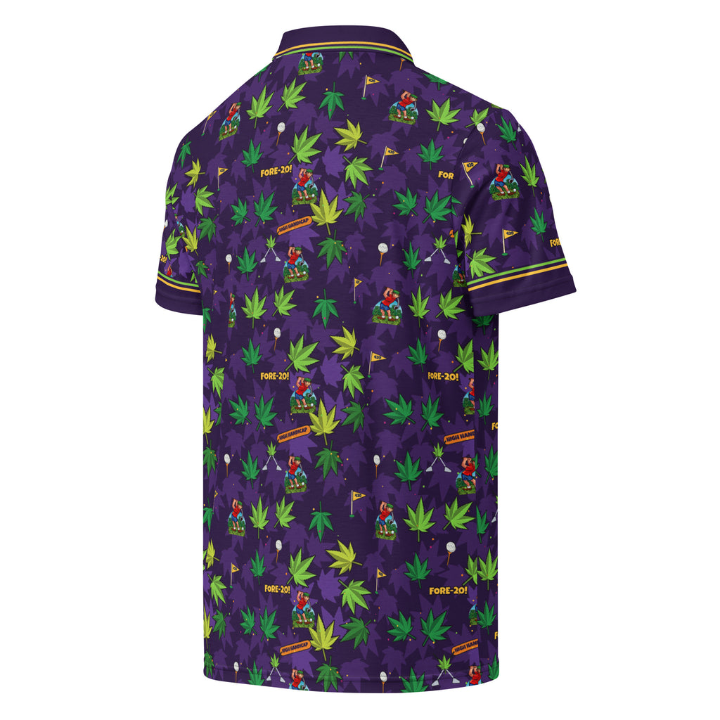 Blazed Fairways Polo, purple 420 golf polo with cannabis leaf and Herman pattern and lime and gold collar tipping, back view