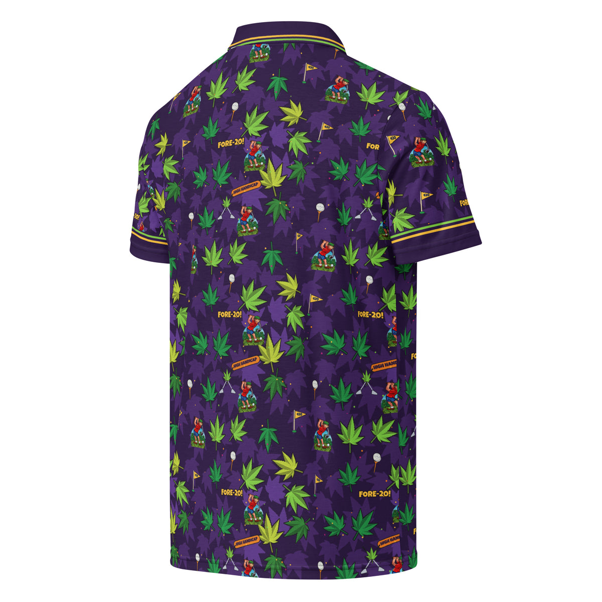 Blazed Fairways Polo, purple 420 golf polo with cannabis leaf and Herman pattern and lime and gold collar tipping, back view