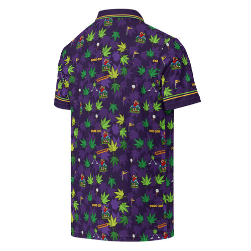 Blazed Fairways Polo, purple 420 golf polo with cannabis leaf and Herman pattern and lime and gold collar tipping, back view