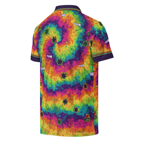 Hazy Back Nine Polo, rainbow spiral tie-dye with small cannabis leaves, golf balls trailing puffs of haze and FORE-20!, back view