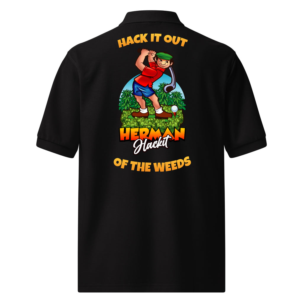 Out of the Weeds Back-Hit Polo, black golf polo with a big Herman swinging out of the weeds and HACK IT OUT OF THE WEEDS on the back, back view
