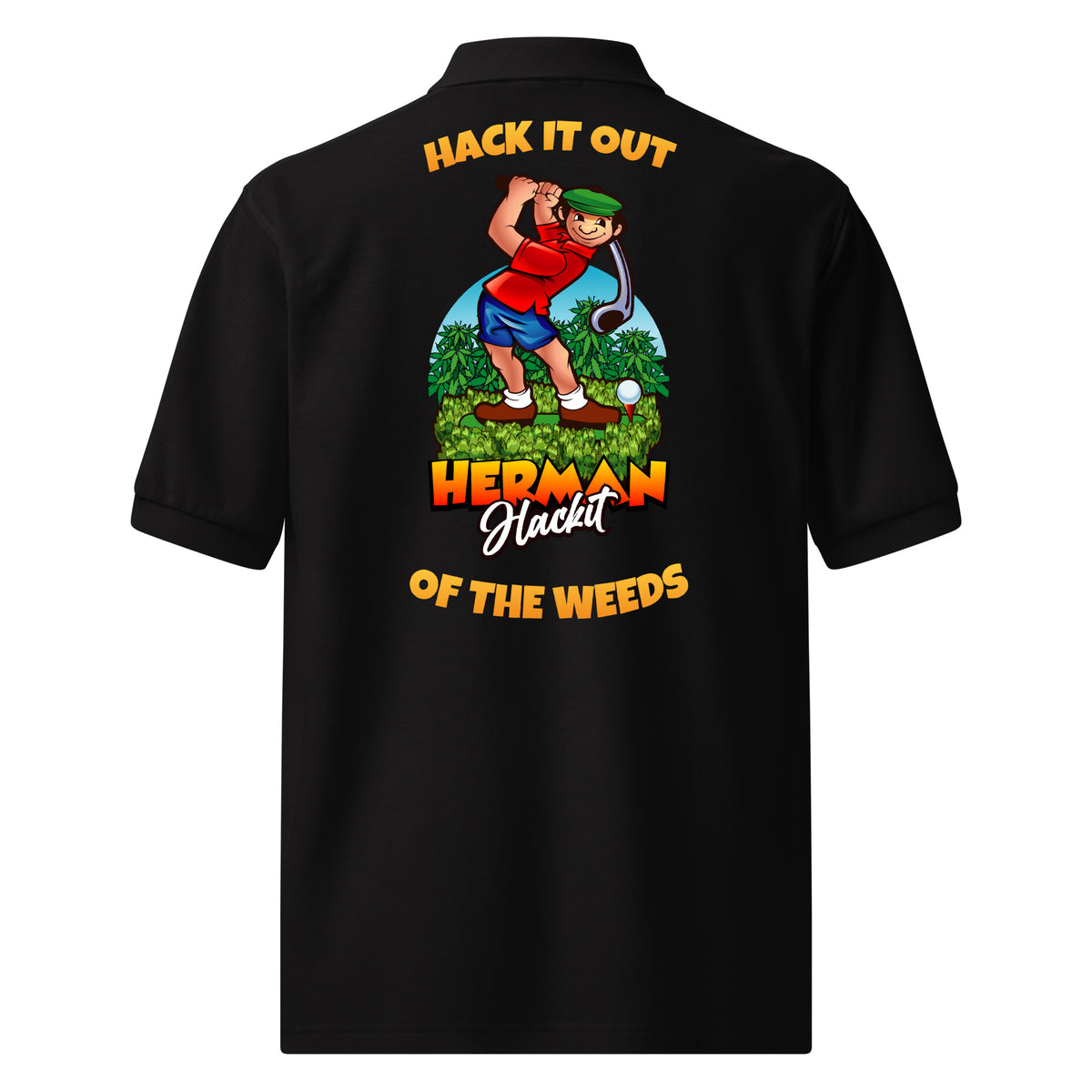 Out of the Weeds Back-Hit Polo, black golf polo with a big Herman swinging out of the weeds and HACK IT OUT OF THE WEEDS on the back, back view