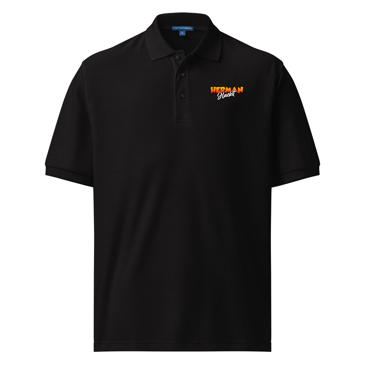 Out of the Weeds Back-Hit Polo, black golf polo with Herman Hackit chest logo, front view