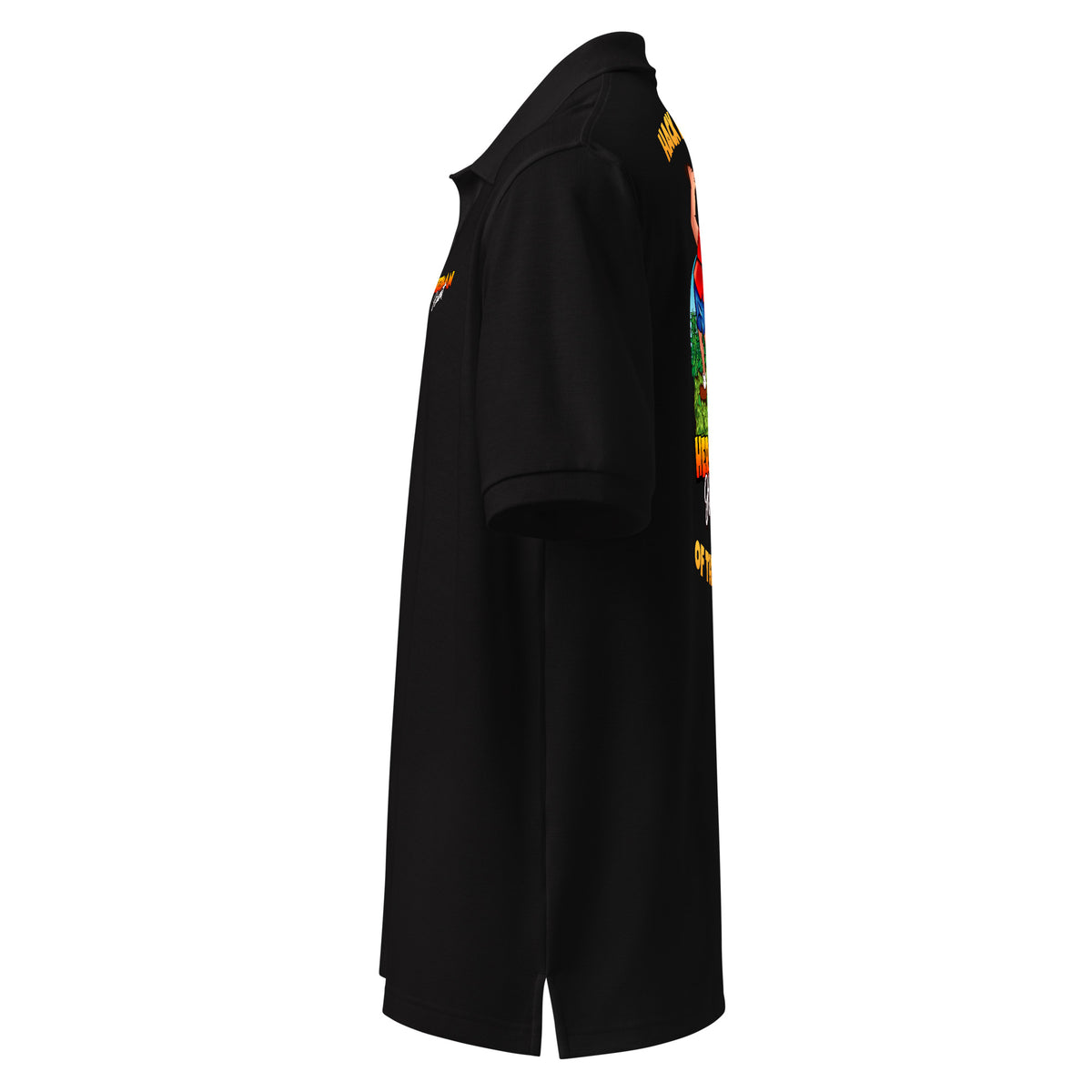 Out of the Weeds Back-Hit Polo in black, left side view