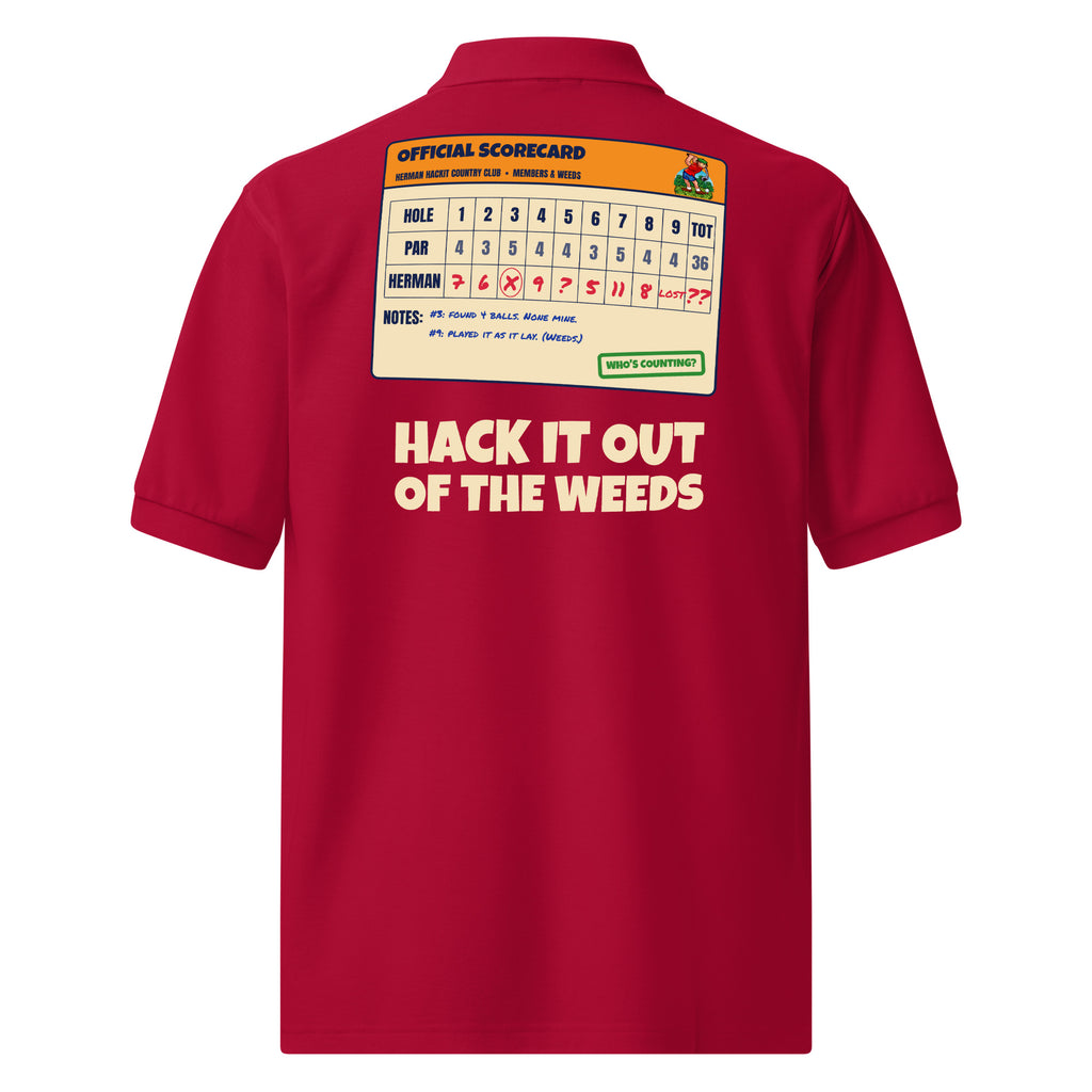 Herman's Scorecard Polo, red golf polo with Herman's official scorecard and HACK IT OUT OF THE WEEDS printed on the back, back view