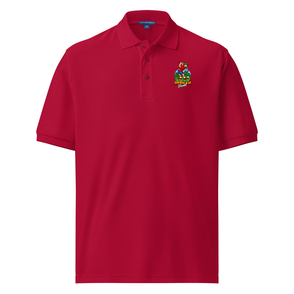Herman's Scorecard Polo, red golf polo with Herman logo on the left chest, front view