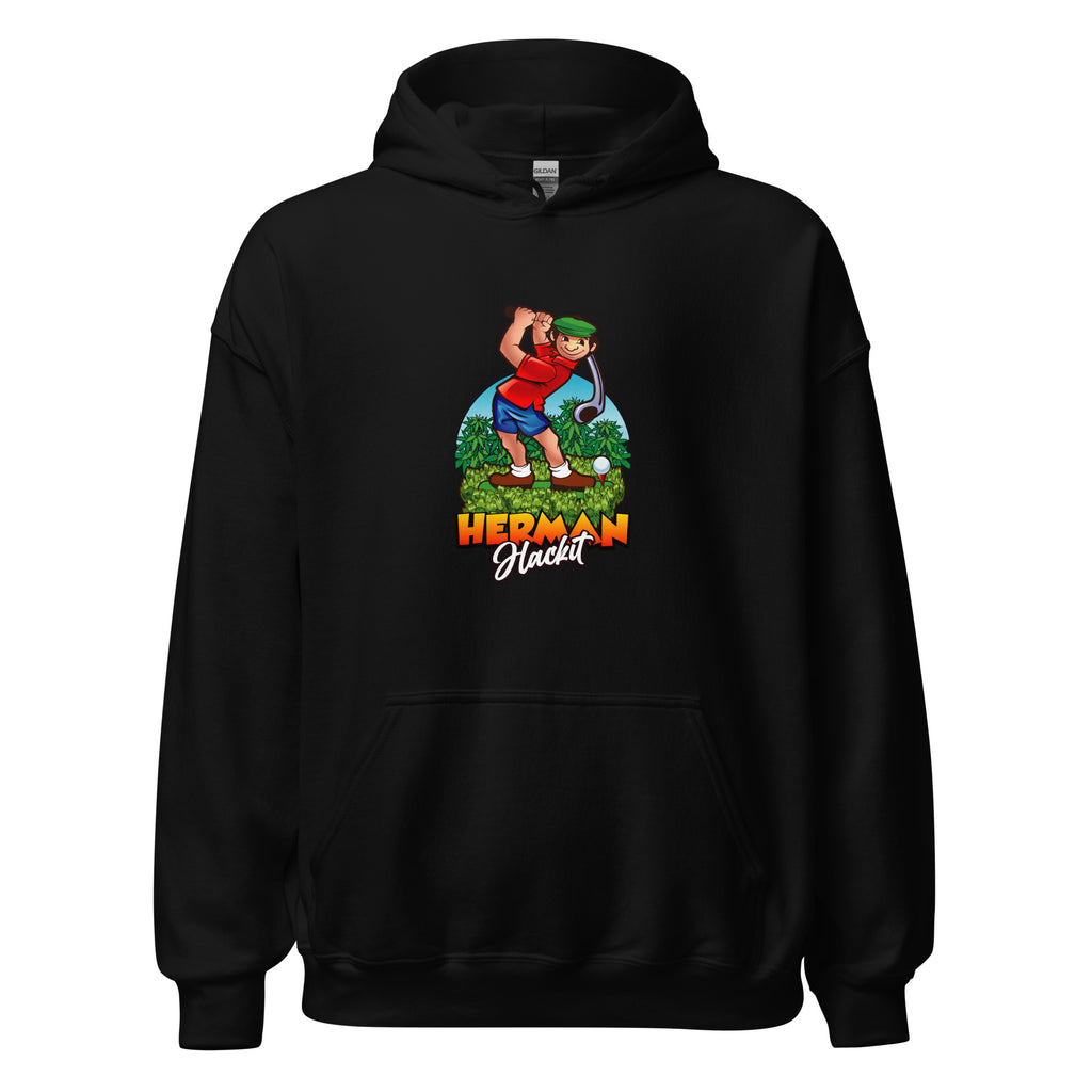 Herman Hoodie in Black with the full-color Herman Hackit golf logo on the front, front view