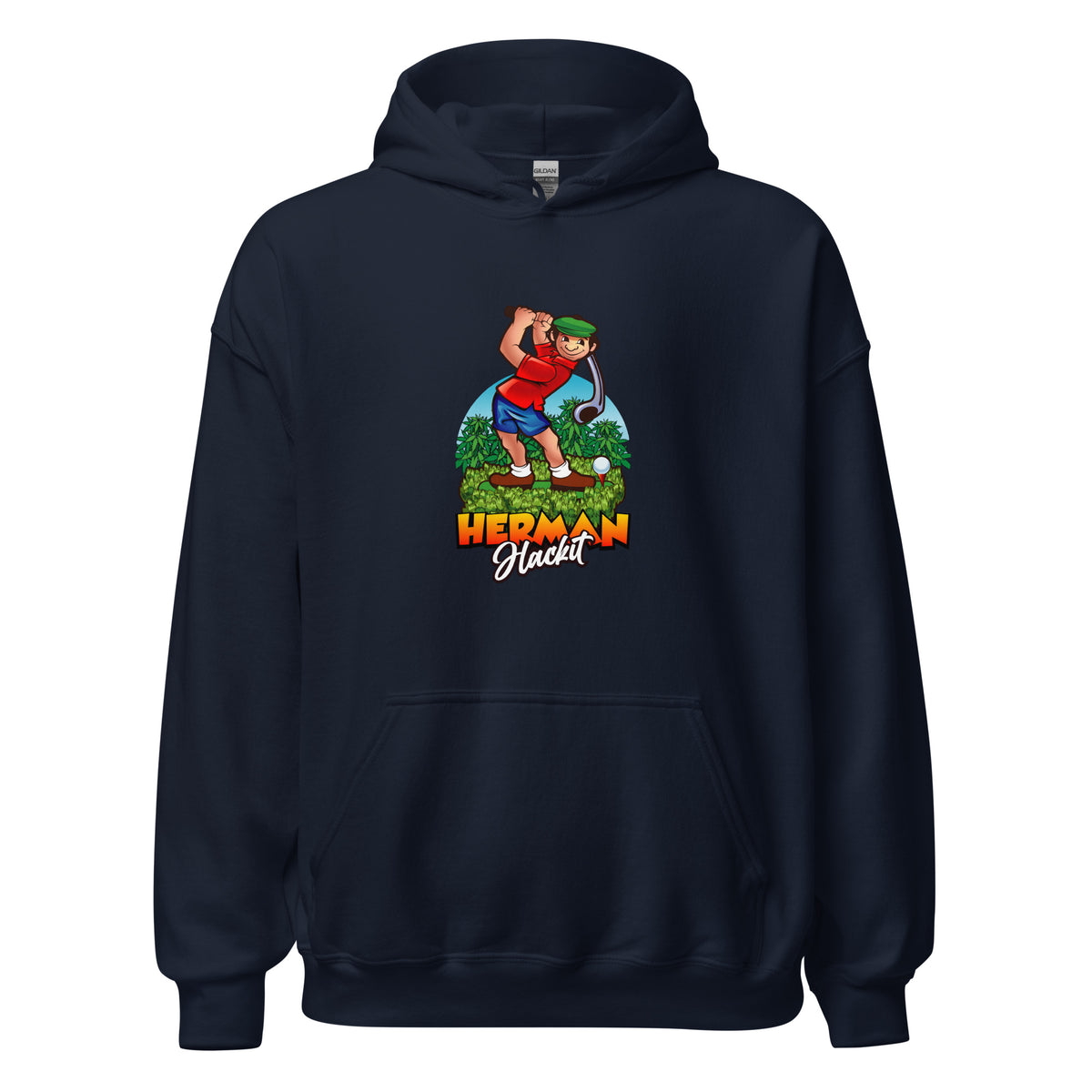 Herman Hoodie in Navy with the full-color Herman Hackit golf logo on the front, front view