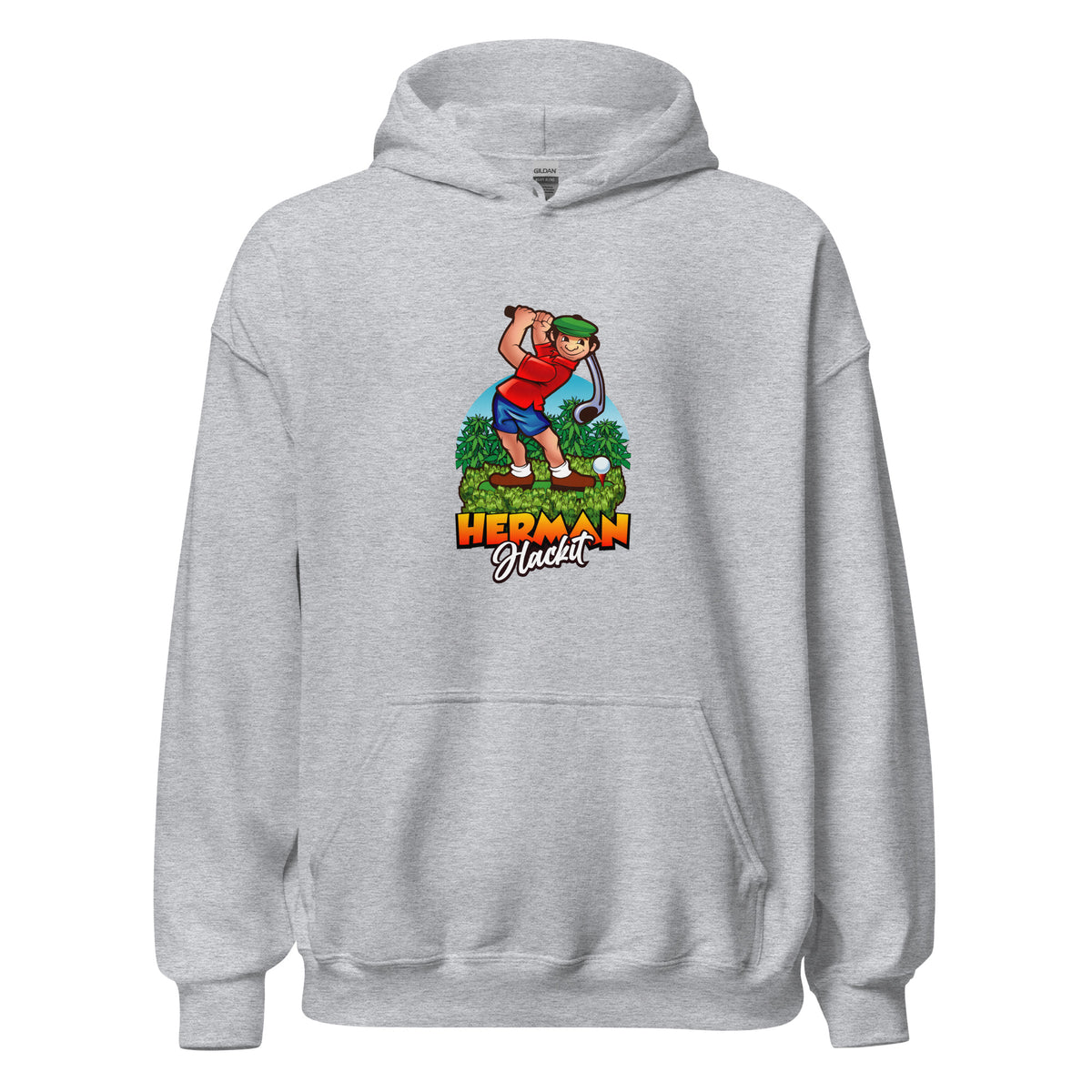 Herman Hoodie in Sport Grey with the full-color Herman Hackit golf logo on the front, front view