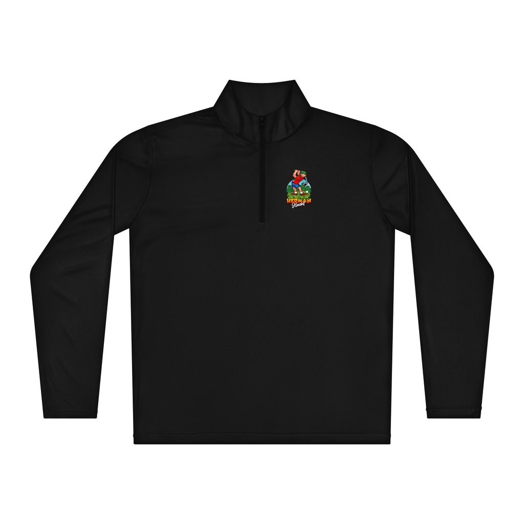 Herman Quarter-Zip pullover in Black with small Herman Hackit logo on the left chest, front view