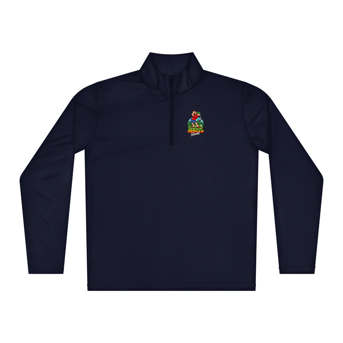 Herman Quarter-Zip pullover in True Navy with small Herman Hackit logo on the left chest, front view