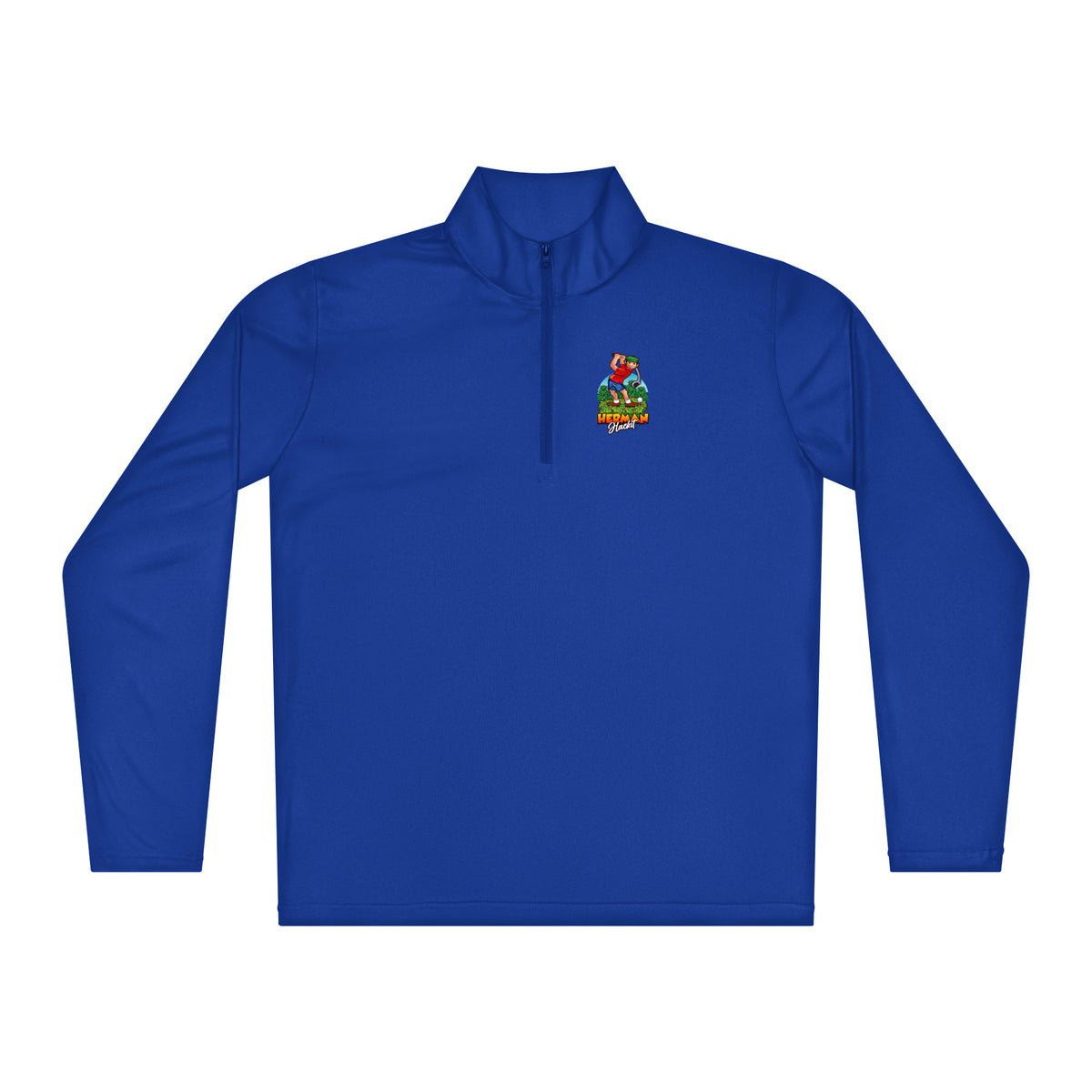 Herman Quarter-Zip pullover in True Royal with small Herman Hackit logo on the left chest, front view