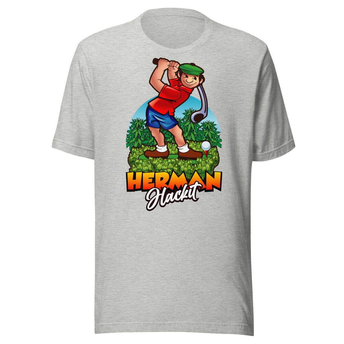 Herman Tee in Athletic Heather with the full-color Herman Hackit golf logo on the front, front view