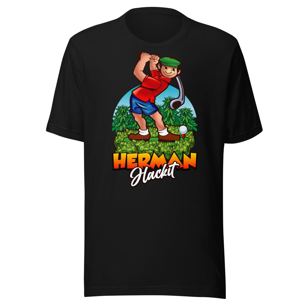 Herman Tee in Black with the full-color Herman Hackit golf logo on the front, front view