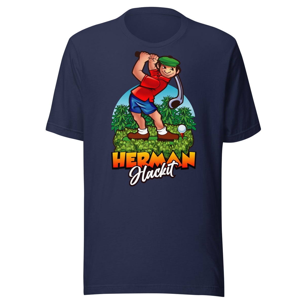 Herman Tee in Navy with the full-color Herman Hackit golf logo on the front, front view